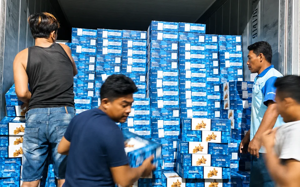 Tim gudang membongkar karton kurma dari kontainer untuk disalurkan ke daerah